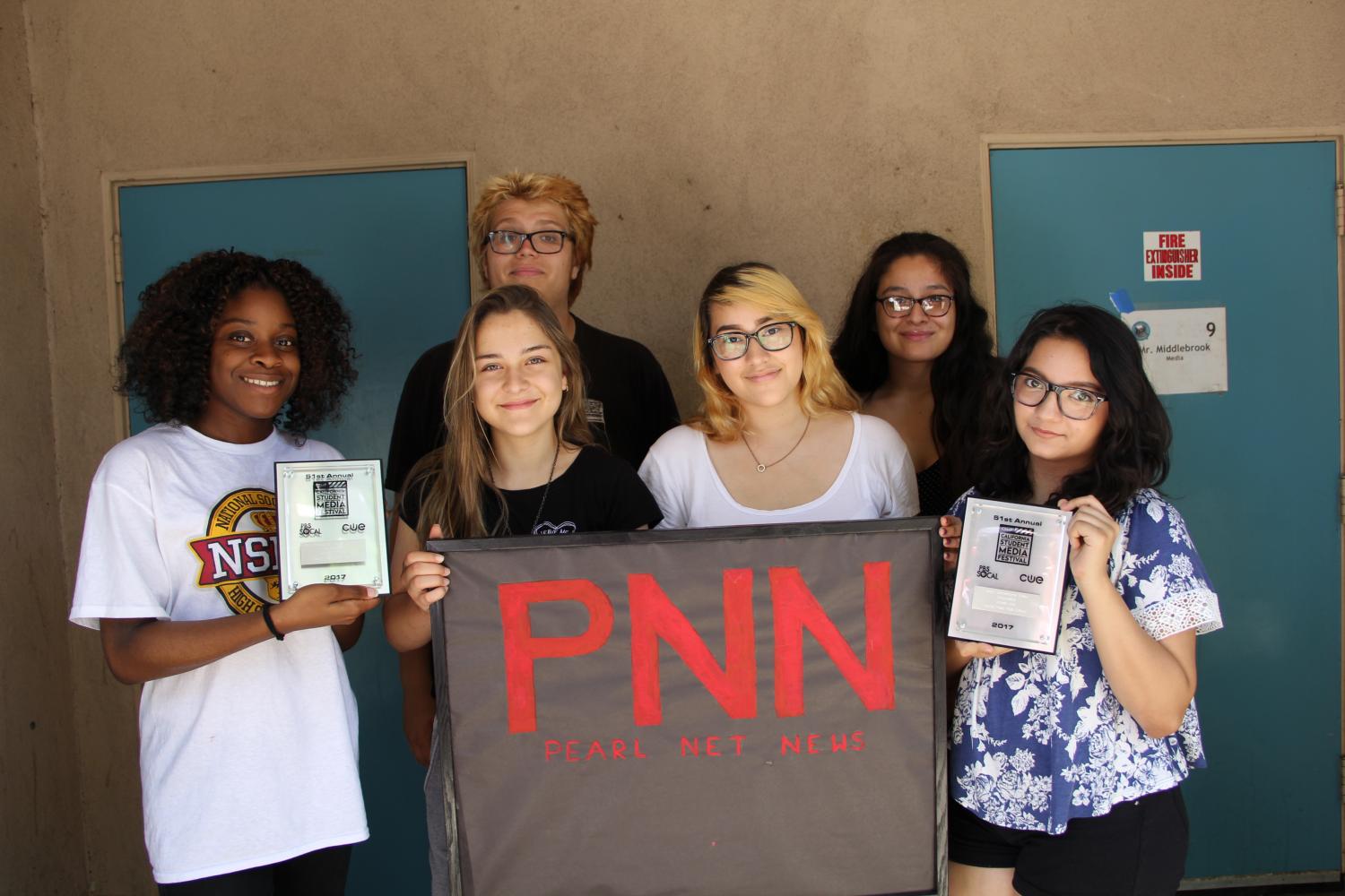 (left to right) Jade Ajileye, Nikita Opel, Sandra Ortega, Harmony Sanchez, (back row) Gabriel Valenzuela, Francheska Vincents hold awards from the 51st California Student Media Festival for their two award-winning films, “My LA 311 App” and “Speak Out!” from June 3rd. 